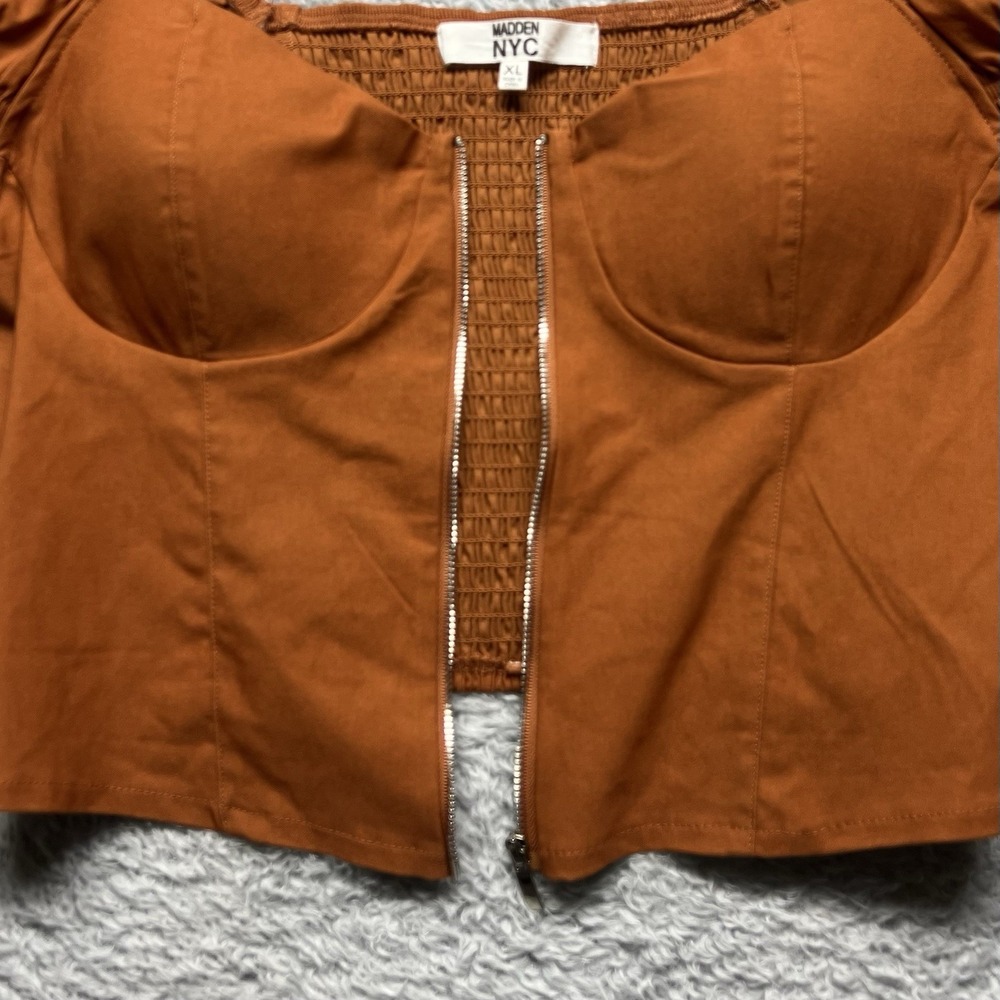 Madden NYC Top XL Rust Brown Corset Bustier Front Zip Puff  Short Sleeve Smocked - Picture 4 of 10
